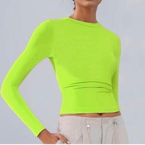 Neon Green Long Sleeve Crop Top Slim Fit Stretch Crew Neck Y2K Tee